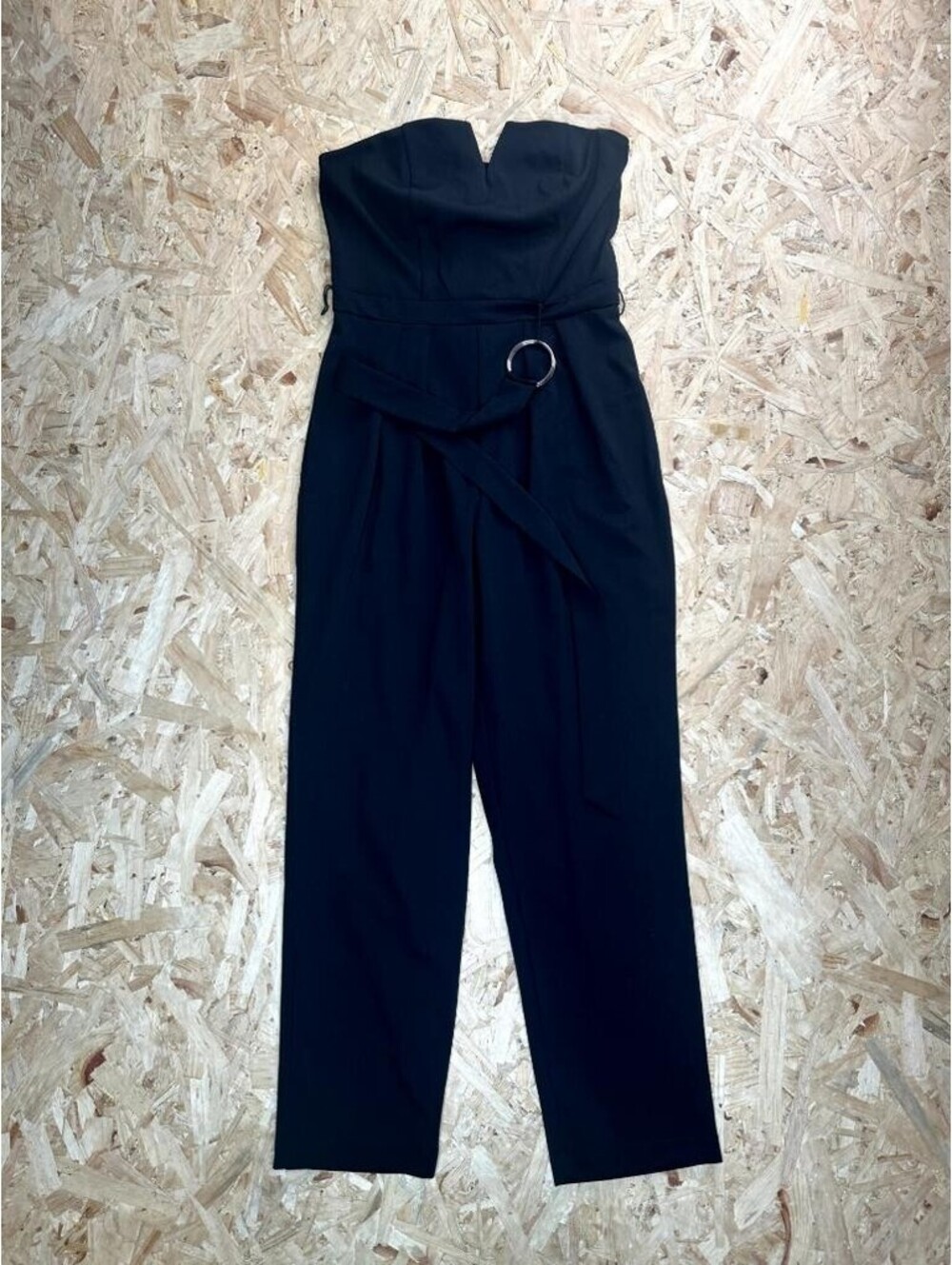 Almost Famous Womens Strapless Jumpsuit Size M Black Notch Neck Belted One-Piece